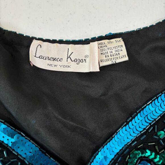 VTG Lawrence Kazar Sequin Top 3X Silk Blue Green Peacock Beads 80s Disco Evening - Picture 13 of 16